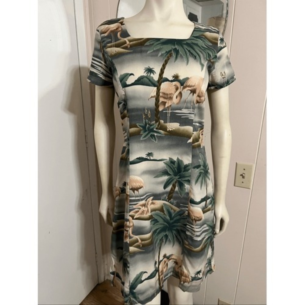 Vintage Tori Richard Pink Flamingo Hawaiian Print Short Dress S